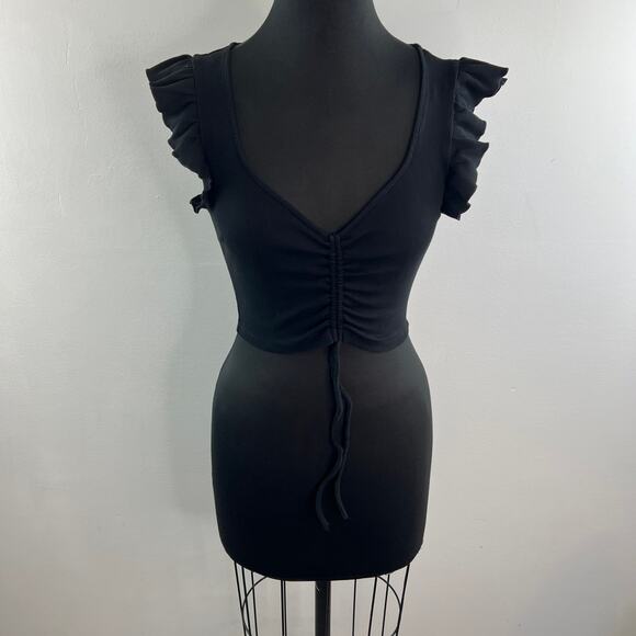 ZARA Black Cropped Top Tie-Up Deep V-Neck Ruffle Sleeve Pullover Size Medium M - Picture 2 of 8
